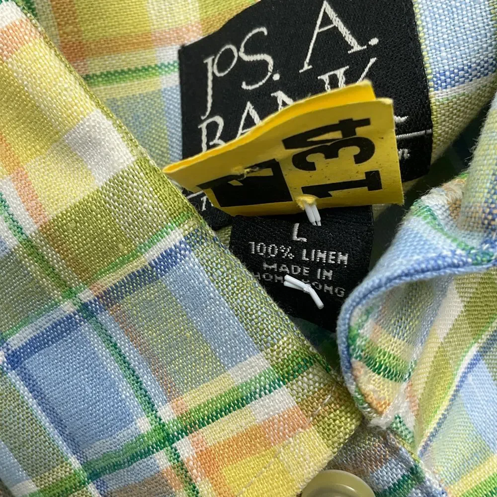 Jos A Banks Shirt‎ Men Large Yellow Green Blue Madras Plaid Linen Classic